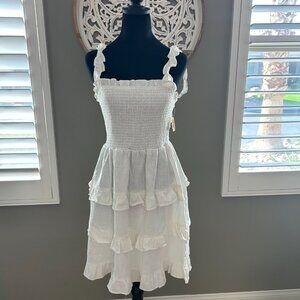 Love Tree White Linen Smocked Ruffle Sundress Tie Open Back Boho Beach Vibe NWT